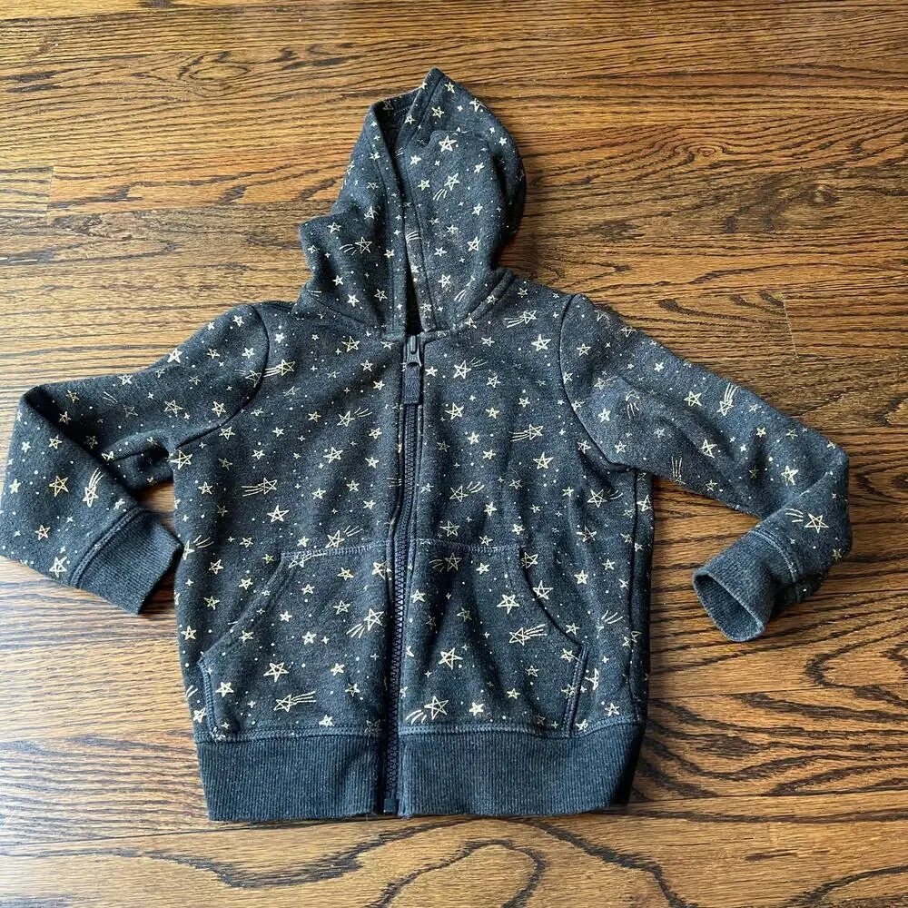 🍭6/&30 Cat & Jack Girl's Gray Cozy Star Celestial Full Zip Hoodie Sweatshirt 3T